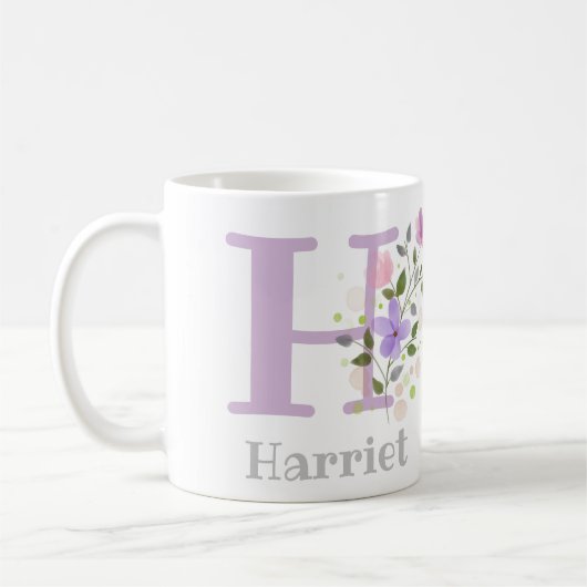 Mug Premier nom initial Plus Harriet avec fleurs (Gauche)