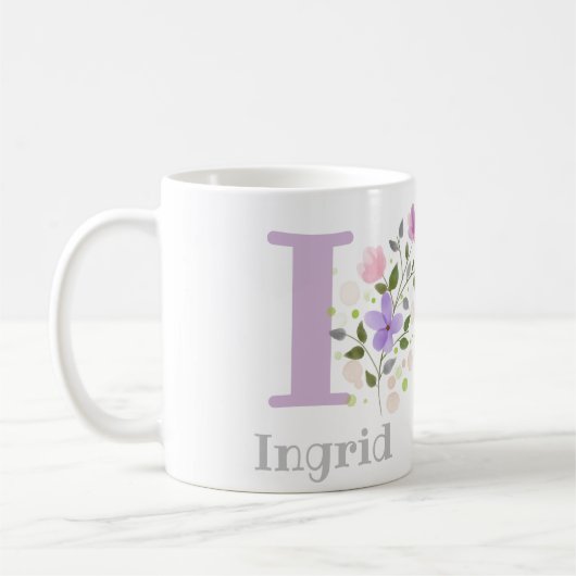 Mug Premier nom initial plus Ingrid avec fleurs (Gauche)