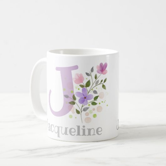 Mug Premier nom initial plus Jacqueline avec fleurs (Devant gauche)