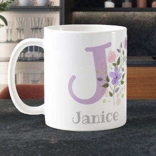 Mug Premier nom initial plus Janice avec fleurs