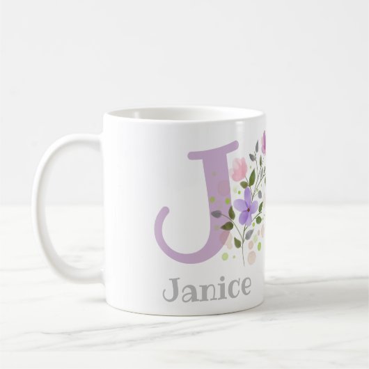 Mug Premier nom initial plus Janice avec fleurs (Gauche)