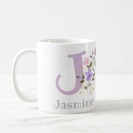 Mug Premier nom initial plus Jasmine avec fleurs (Gauche)