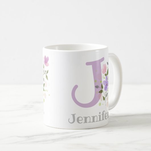 Mug Premier nom initial plus Jennifer avec fleurs (Devant droit)