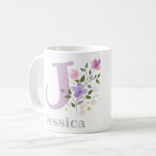Mug Premier nom initial plus Jessica avec fleurs (Devant gauche)