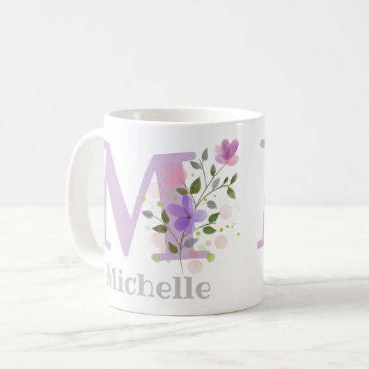 Mug Premier prénom Initial Plus avec Fleurs (Devant gauche)