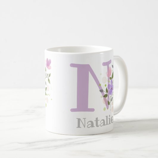 Mug Premier prénom Initial Plus avec Fleurs (Devant droit)