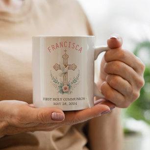 Mug Première Communion Croix rose florale et colombe