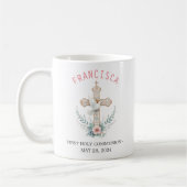 Mug Première Communion Croix rose florale et colombe (Gauche)