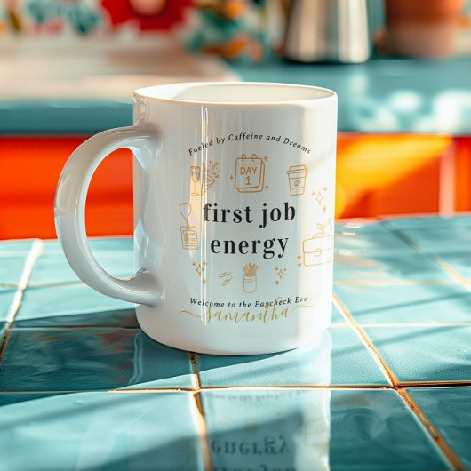 Mug Première énergie de travail | Monogramme doodles