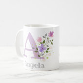 Mug Première initiale plus le nom Angela avec des fleu (Devant gauche)