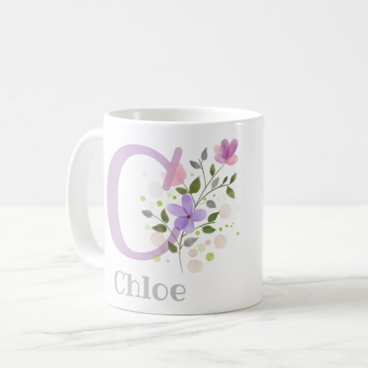 Mug Première initiale plus le nom Chloé avec des fleur (Devant gauche)