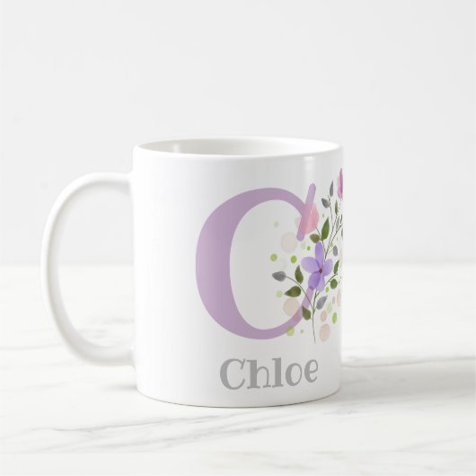 Mug Première initiale plus le nom Chloé avec des fleur (Gauche)