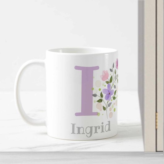 Mug Première initiale plus le nom Ingrid avec des fleu