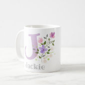 Mug Première initiale plus le nom Jackie avec des fleu (Devant gauche)