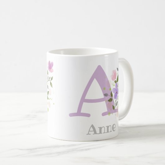 Mug Première initiale Plus Nom Anne avec Fleurs (Devant droit)