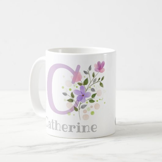 Mug Première initiale Plus Nom Catherine avec Fleurs (Devant gauche)