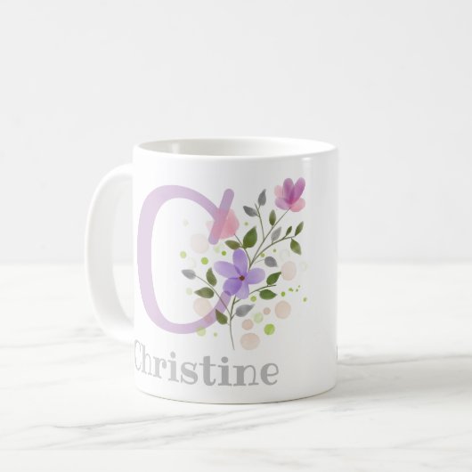 Mug Première initiale Plus Nom Christine avec Fleurs (Devant gauche)