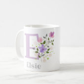 Mug Première initiale plus nom Elsie avec des fleurs (Devant gauche)