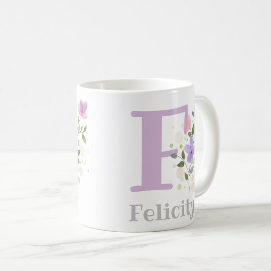 Mug Première initiale plus nom Felicity avec fleurs (Devant droit)