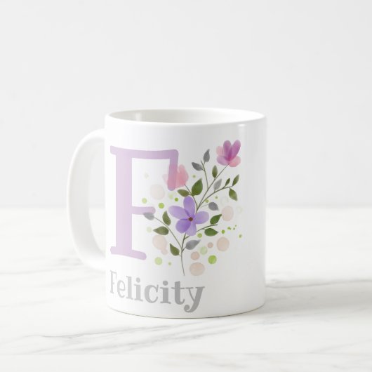 Mug Première initiale plus nom Felicity avec fleurs (Devant gauche)