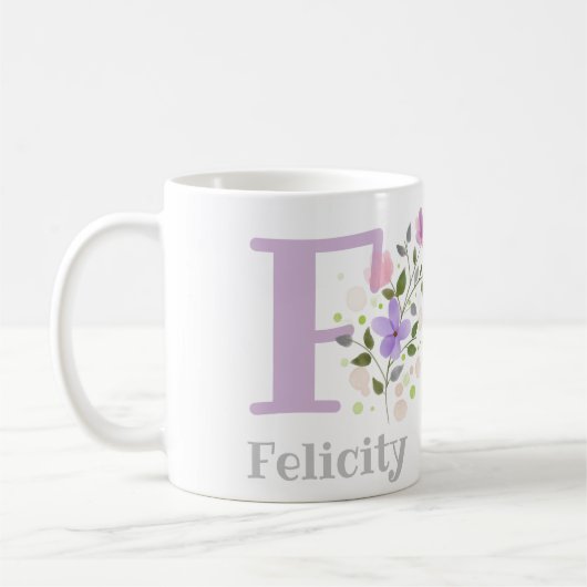 Mug Première initiale plus nom Felicity avec fleurs (Gauche)