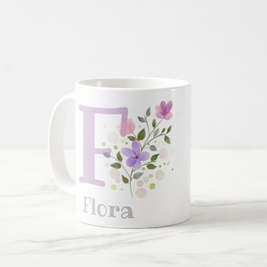 Mug Première initiale plus nom Flora avec des fleurs (Devant gauche)