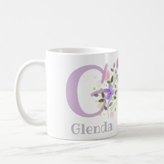 Mug Première initiale plus nom Glenda avec des fleurs (Gauche)