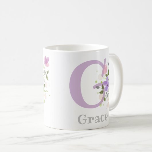 Mug Première initiale Plus Nom Grace avec Fleurs (Devant droit)