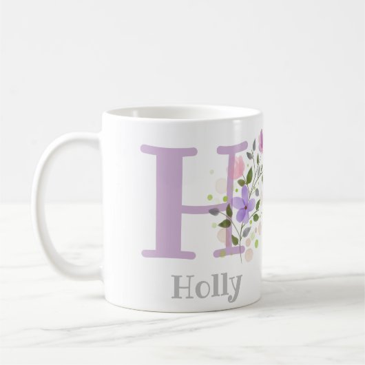 Mug Première initiale plus nom Holly avec des fleurs (Gauche)