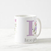 Mug Première initiale plus nom Imogen avec des fleurs (Devant droit)