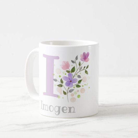 Mug Première initiale plus nom Imogen avec des fleurs (Devant gauche)