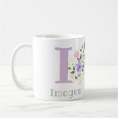 Mug Première initiale plus nom Imogen avec des fleurs (Gauche)