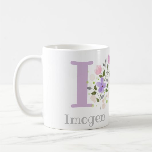 Mug Première initiale plus nom Imogen avec des fleurs (Gauche)