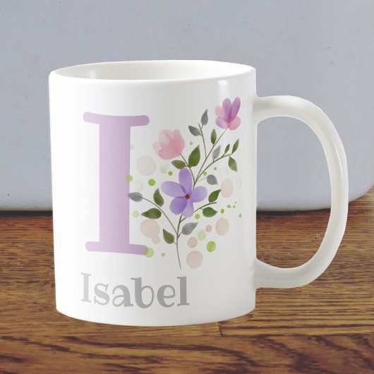 Mug Première initiale plus nom Isabel avec des fleurs
