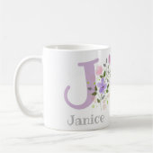 Mug Première initiale plus nom Janice avec des fleurs (Gauche)