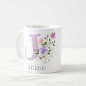 Mug Première initiale plus nom Janine avec des fleurs (Devant gauche)
