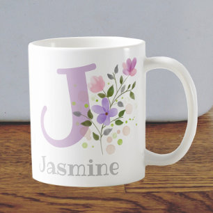 Mug Première initiale plus nom Jasmine avec des fleurs