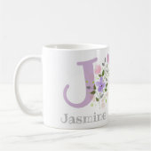 Mug Première initiale plus nom Jasmine avec des fleurs (Gauche)