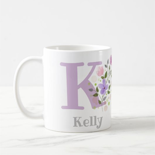 Mug Première initiale Plus Nom Kelly avec Fleurs (Gauche)