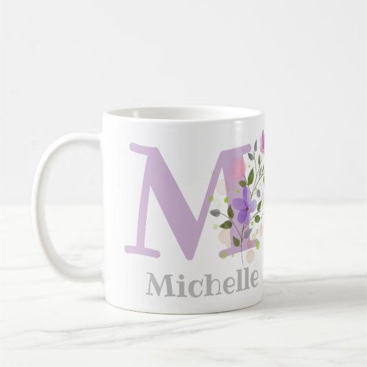 Mug Première initiale plus prénom avec des fleurs (Gauche)