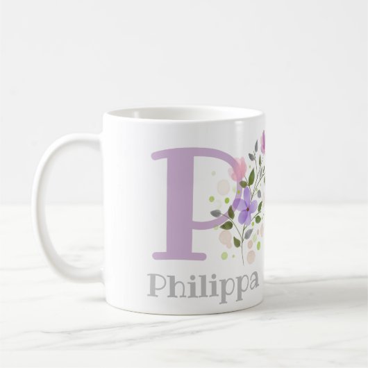 Mug Première initiale plus prénom avec des fleurs (Gauche)