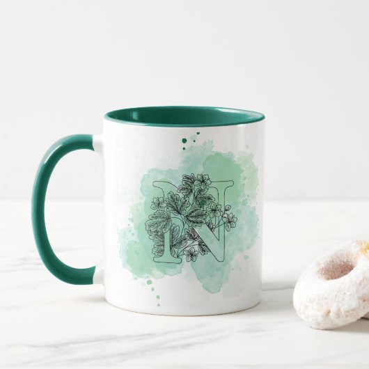 Mug Première N aquarelle Monogramme vert Botanique (Avec donut)