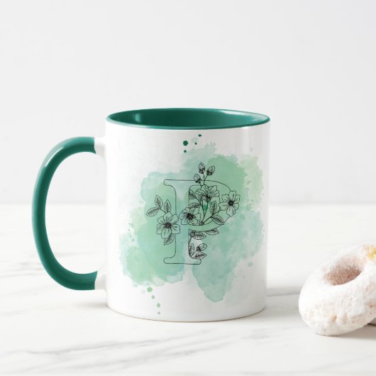 Mug Première P Aquarelle Monogramme Vert Botanique (Avec donut)