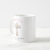 Mug Première Sainte Communion Croix rose florale (Devant gauche)