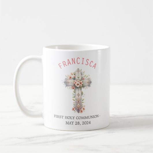 Mug Première Sainte Communion Croix rose florale (Gauche)