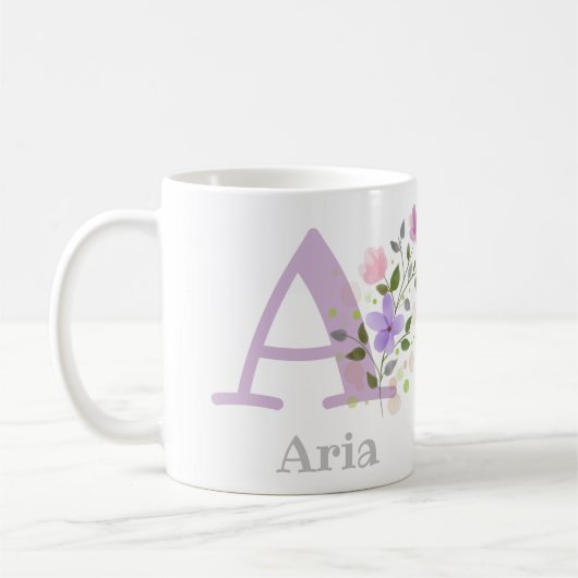 Mug Prénom initial plus nom Aria avec des fleurs (Gauche)