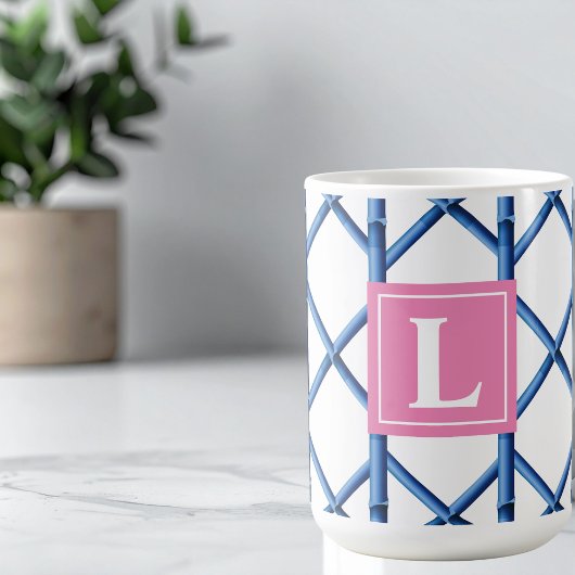 Mug Preppy Blue Trellis Bamboo Motif Monogramme