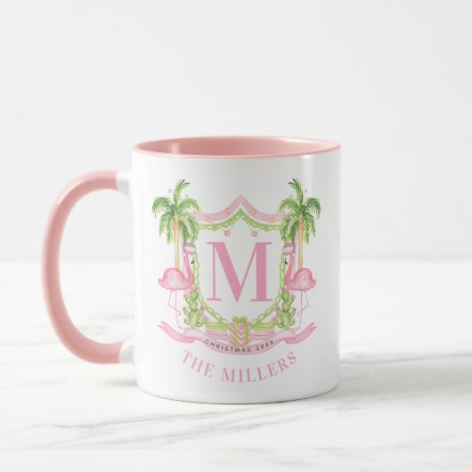 Mug Preppy Flamingo Christmas Monogram Crest (Gauche)