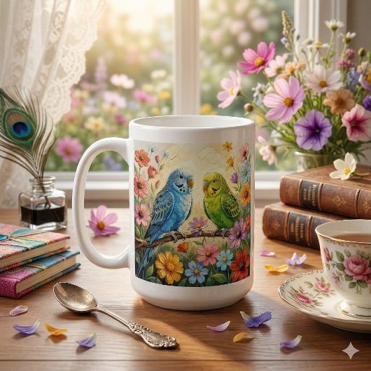 Mug Pretty  Blue and Green Parakeets Personalized