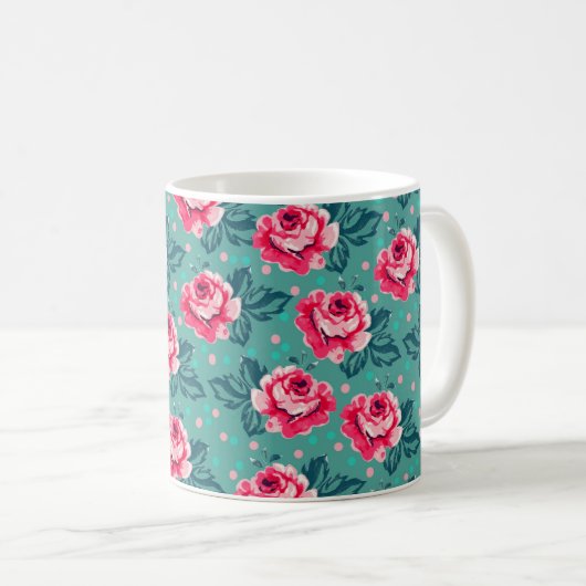 Mug Pretty Pink Roses and Polka Dot Pattern on Teal (Devant droit)